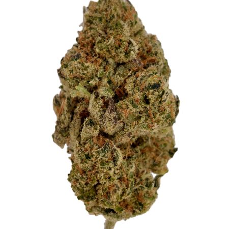 Garlic Juice THCa flower Houston same-day delivery, frosty lime-green indoor top-shelf hemp bud with orange pistils