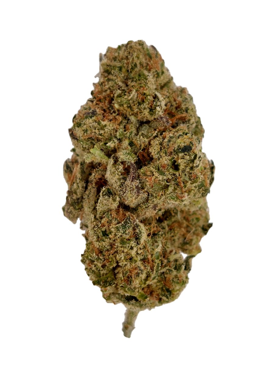 Garlic Juice THCa flower Houston same-day delivery, frosty lime-green indoor top-shelf hemp bud with orange pistils